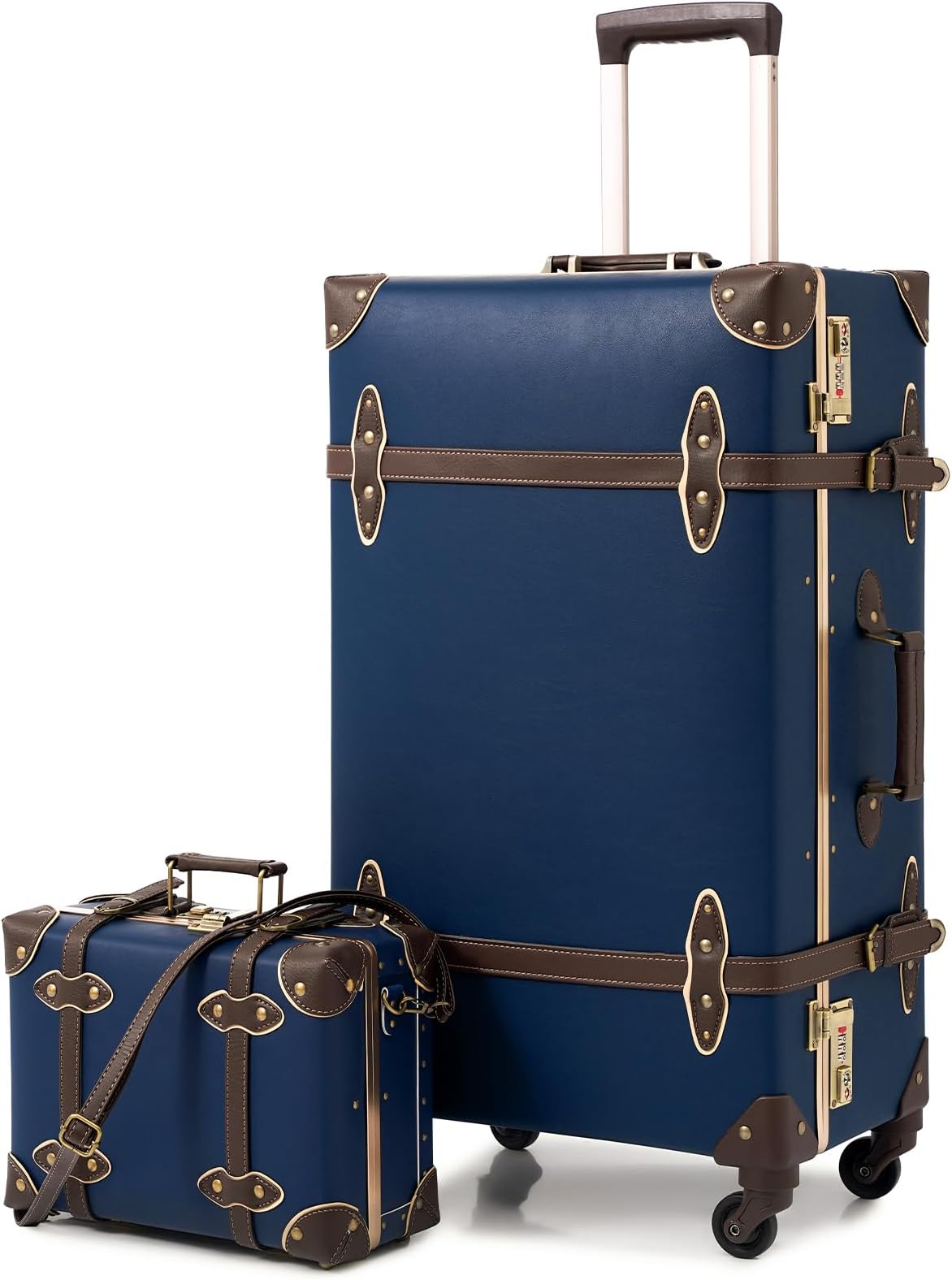 urecity Vintage Luggage Set, 2-Piece Retro Leather Suitcase for Women, Stylish Travel Luggage with Spinner Wheels and Beauty Case, Elegant Designer Trunk Luggage (Deep Navy Blue, 26"+12")