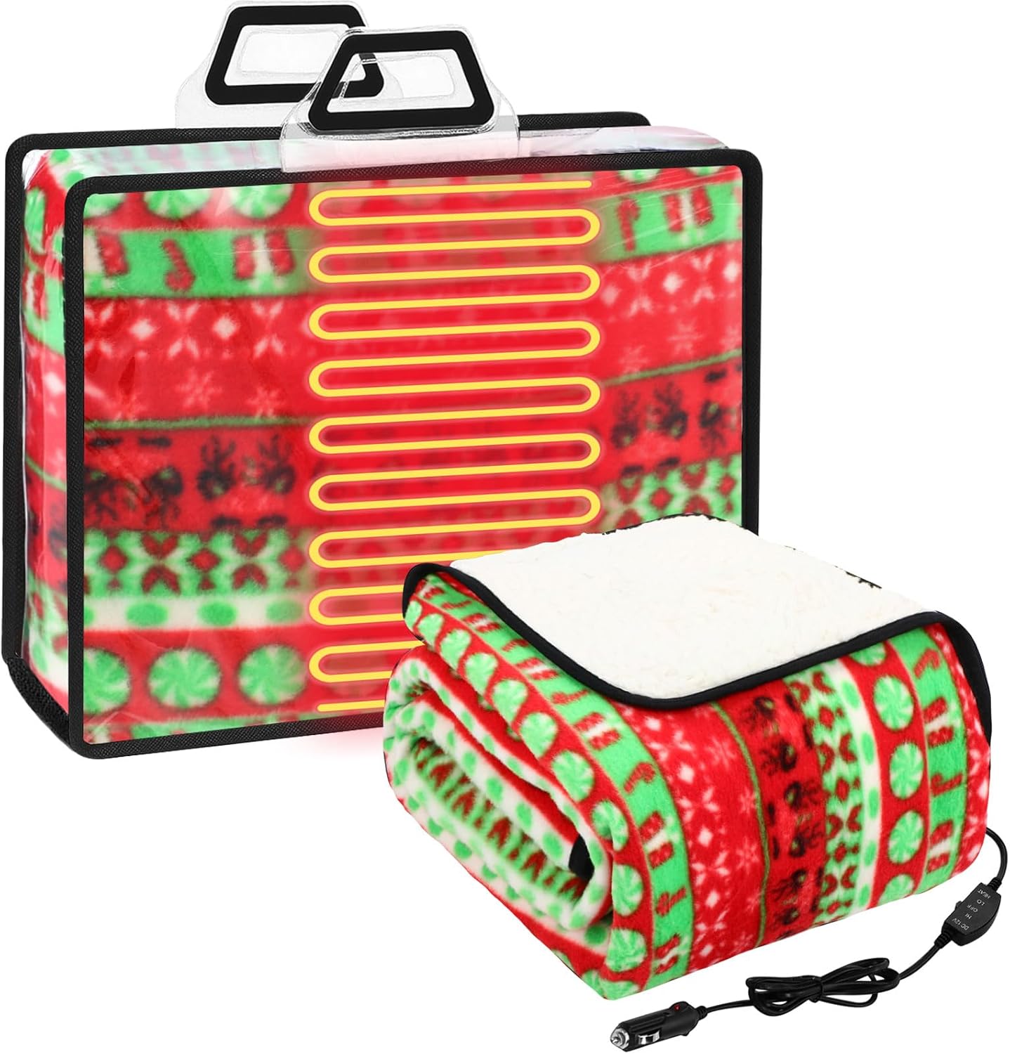 Riakrum 12v Car Heated Blanket 57"x43", Portable Electric Car Blanket with Storage Bag, Auto-Off Heat Control for Truck SUV Rv Winter Travel, Camping, Road Trips, Office, Gifts for Mother Day, Gray