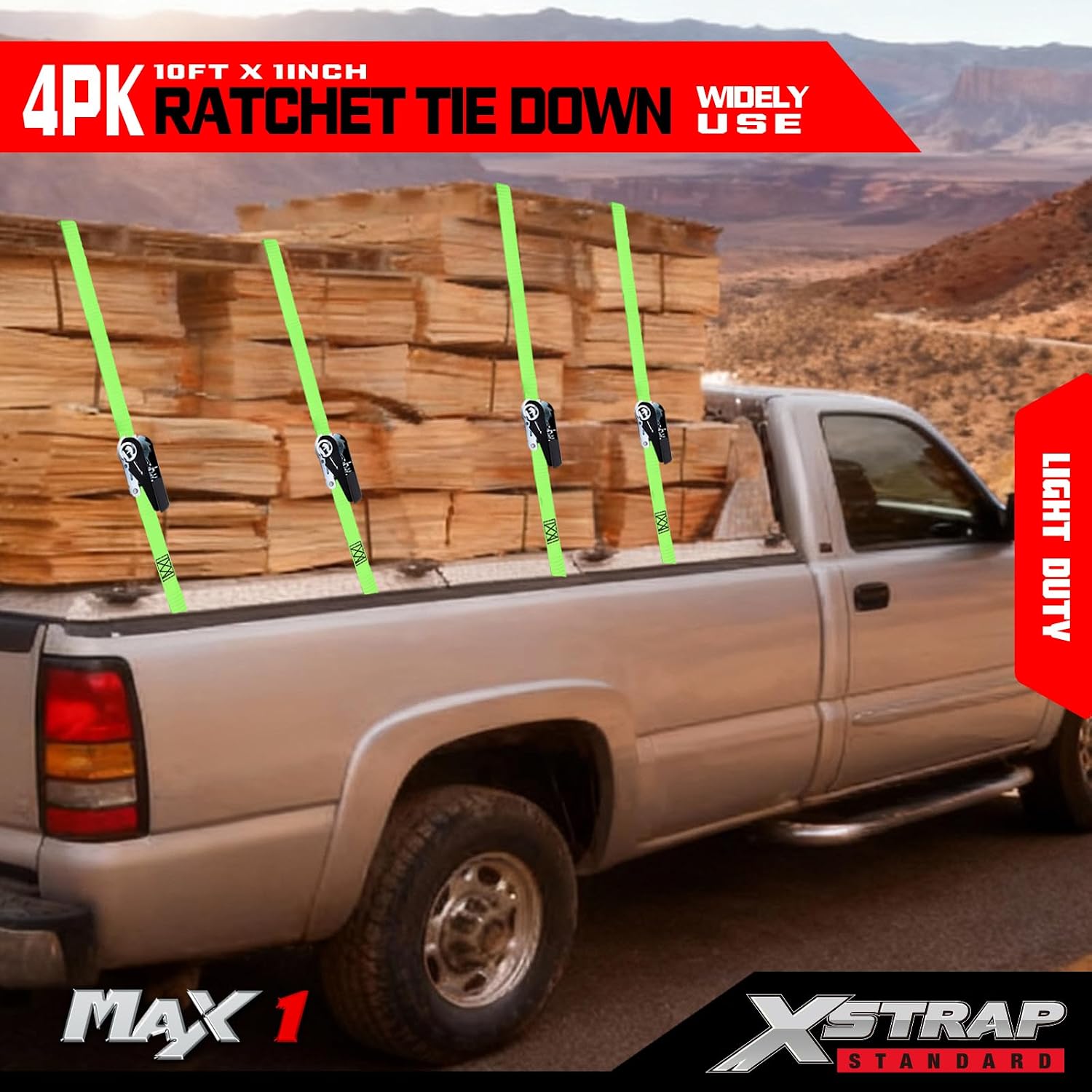 XSTRAP STANDARD Ratchet Tie Down Straps 4 Pk 10 Ft- 300 Lbs Load Cap- 900 Lbs Break Strength-Cargo Straps for UTV, ATV, Pickup,Truck, Moving Appliances, Lawn Equipment, Neon Green thumbnail
