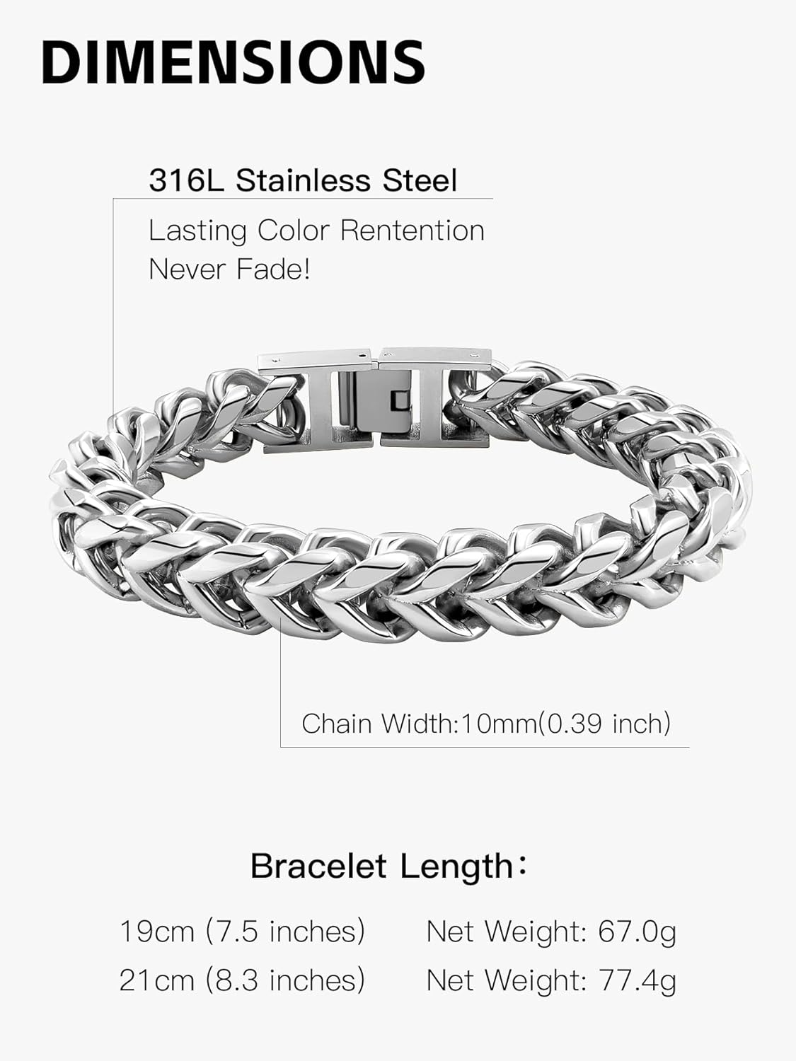 Mens Franco Chain Bracelet - 5MM, 8MM, 10MM Width - Stainless Steel/Black Metal/18K Gold Metal - Fold Over Clasp Jewelry Gift for Men, Dad, Husband - Image 6