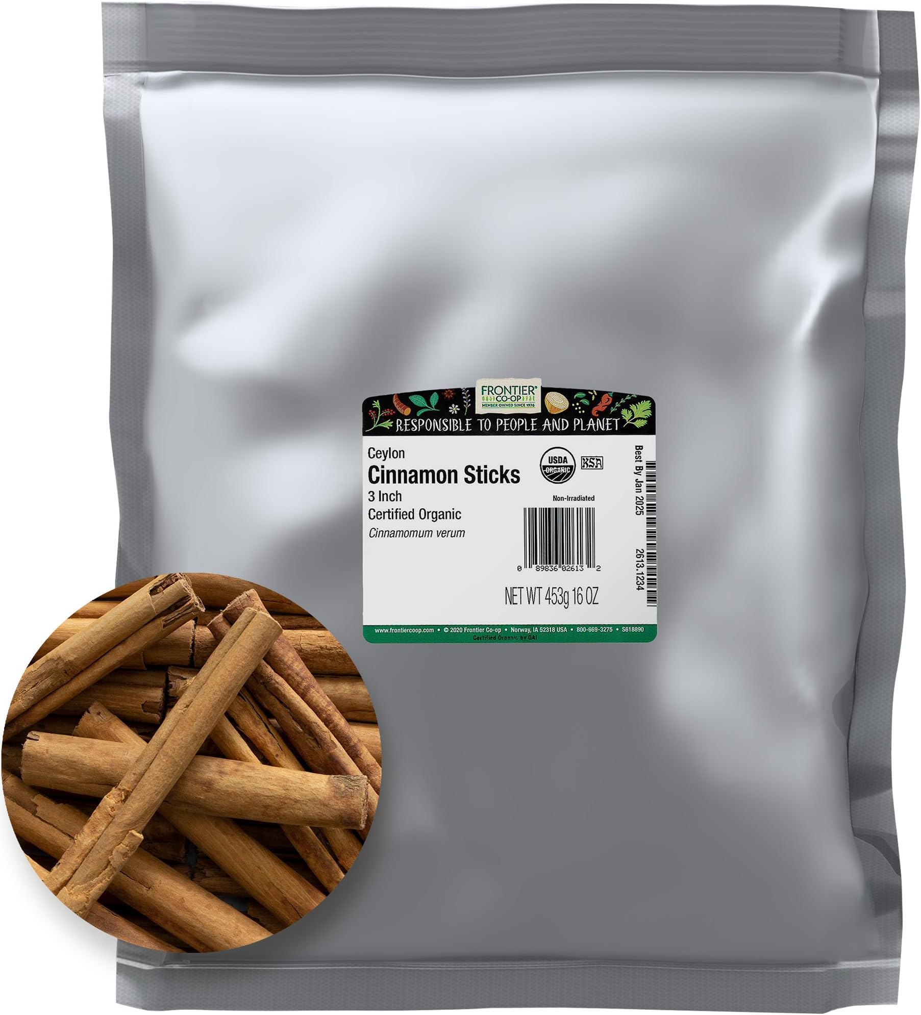 Frontier Co-op Organic 3" Ceylon Cinnamon Sticks, 1lb - Bulk Cinnamon Sticks for Crafts, Drinks, Holiday Recipes, Cinnamon Powder and More