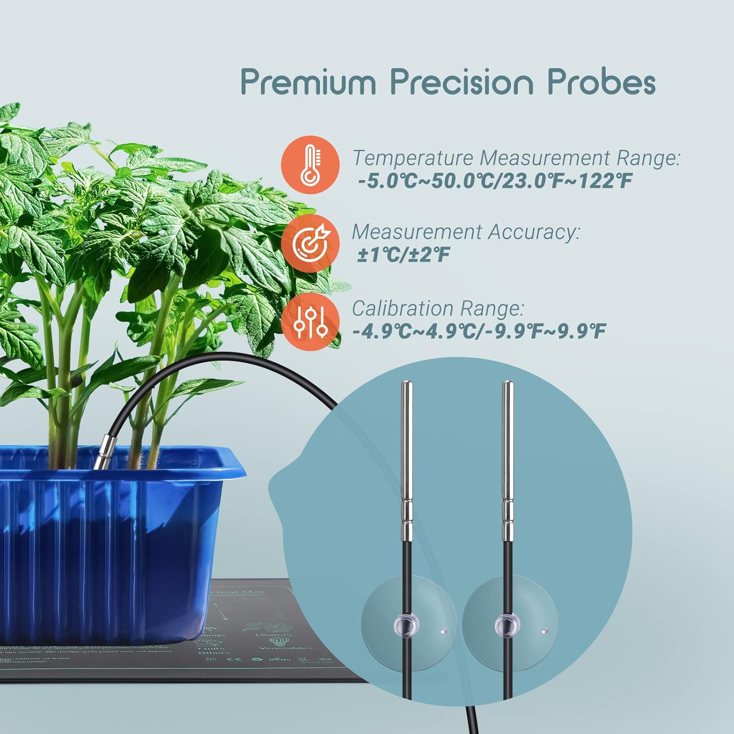 Close-up of two premium precision temperature probes with suction cups, showing their measurement range, accuracy, and calibration range.