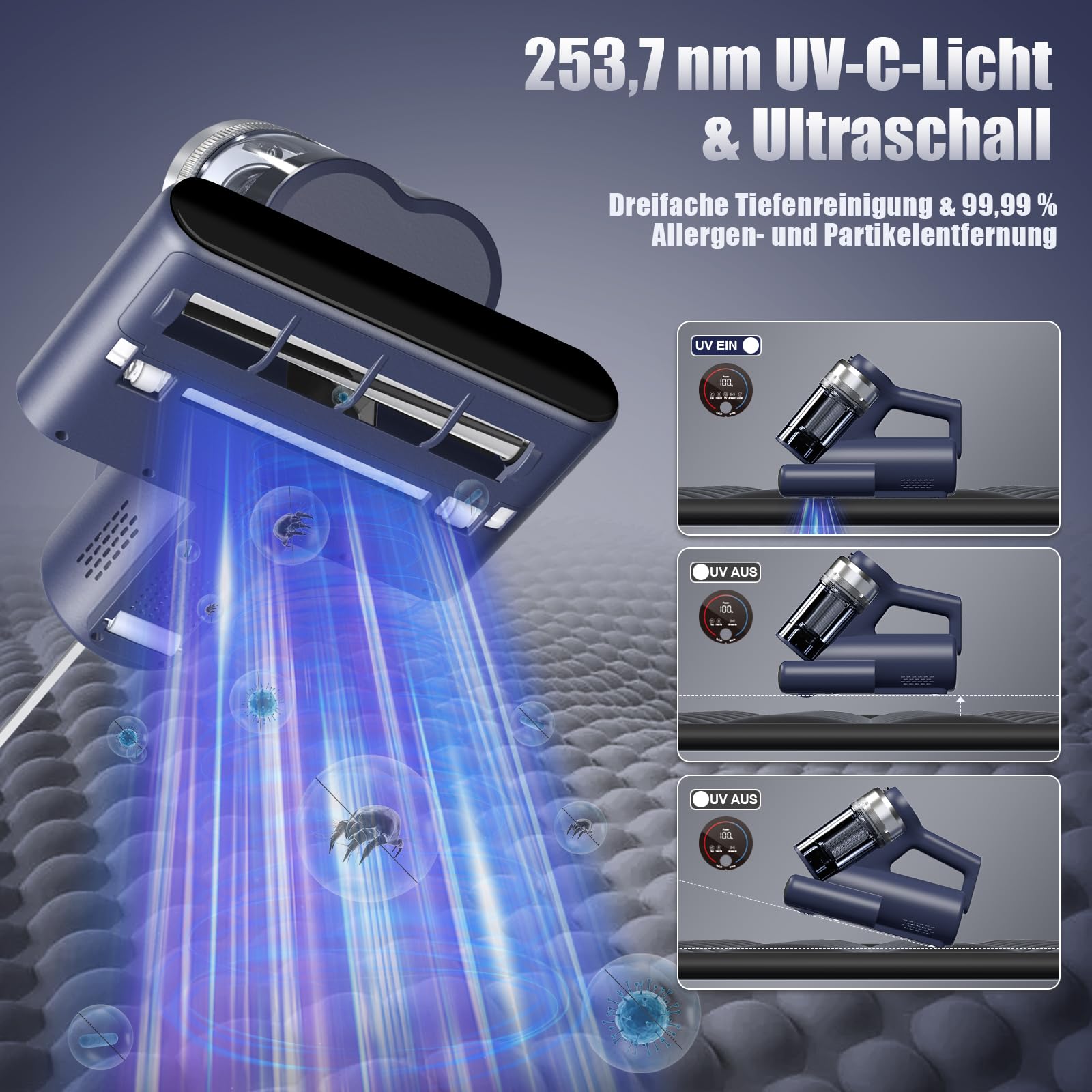 Milbensauger mit UV Licht, Matratzensauger mit 16kPa, 99,9% Allergen-Entfernung, HEPA & 65℃ Heißluft, Ultraschall, Aromatherapie, Dual-Cup Design Matratzenreiniger für Bett/Sofa/Teppich/Allergiker