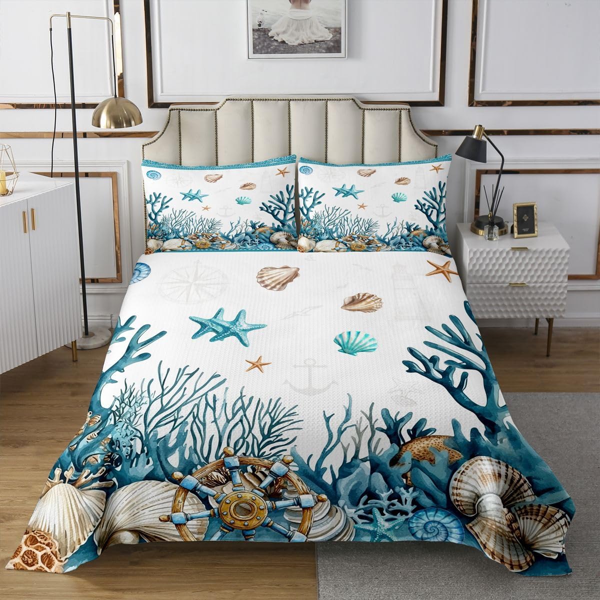 Manfei Starfish Shell Beach Bedspread,Coastal Hawaii Quilt Set for Adults Women,Summer Ocean Dreamy Bedding Set,Blue Green 3 Pcs Coverlet Set with 2 Pillow Shams,King Size