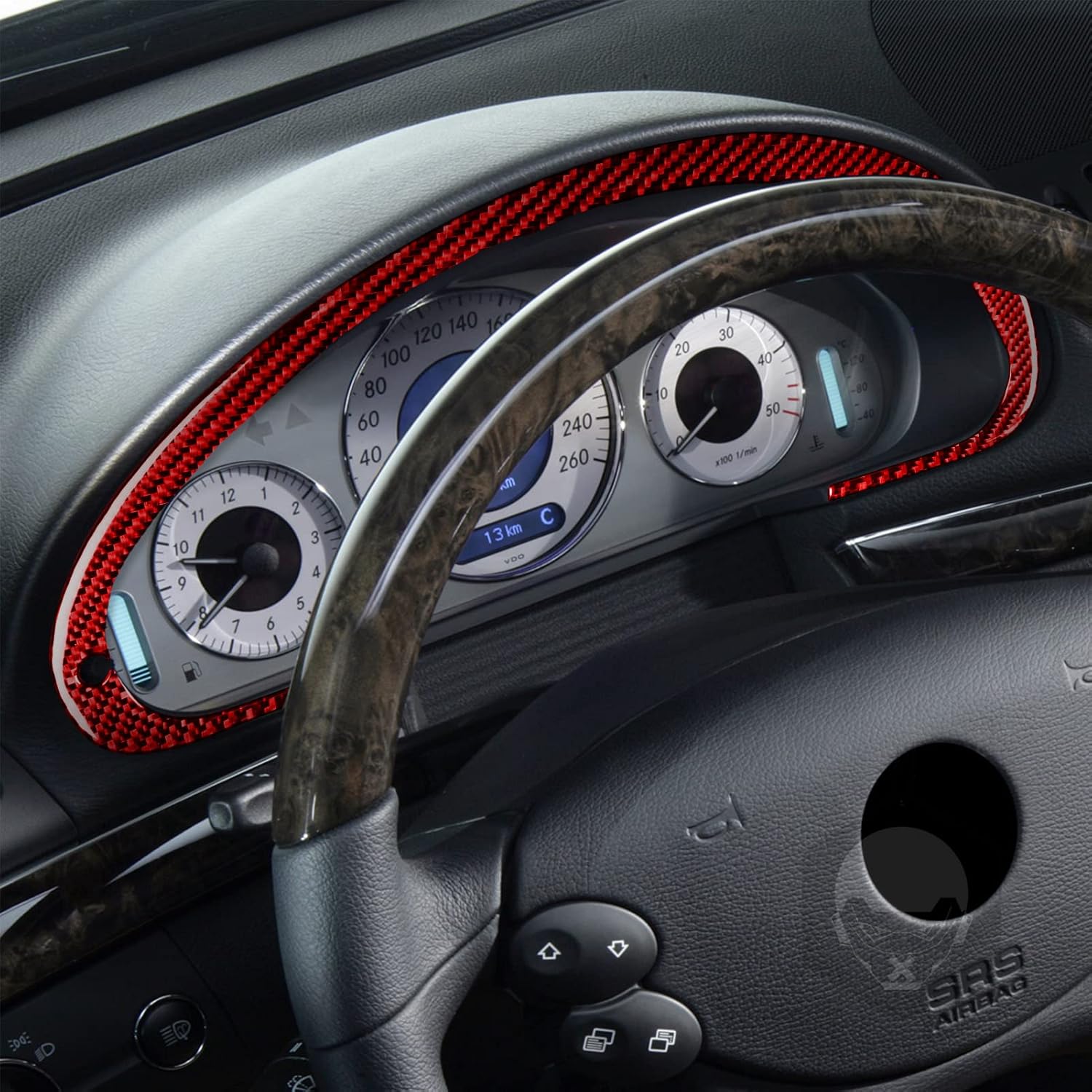Carbon Fiber PC Vinyl Cover Trim Sticker Accessories Decoration Compatible with Mercedes-Benz E-Class 2003-2009. (Dashboard Speedometer Tachometer Panel 06, Red)