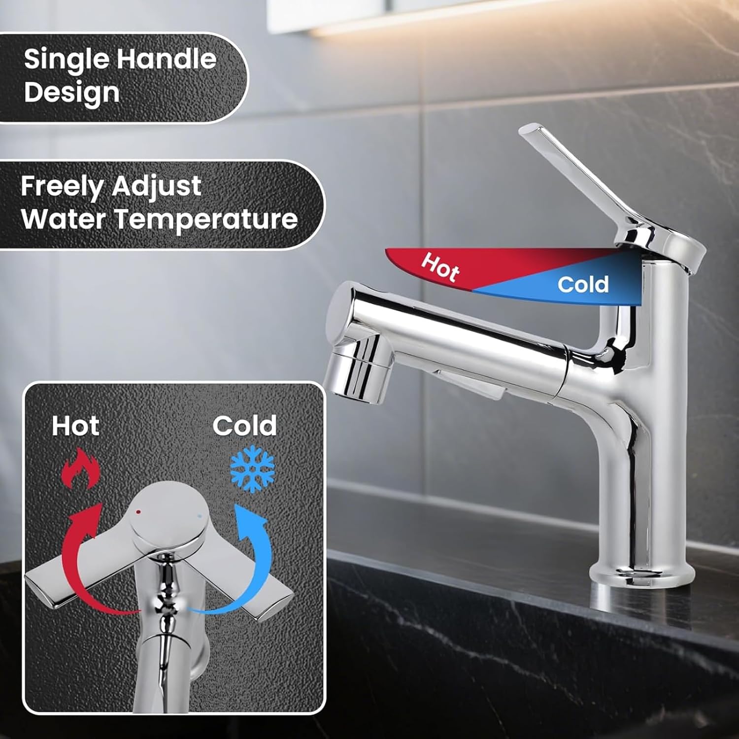 Pull Out Kitchen Sink Mixer Tap, Bathroom Faucets, 30-60cm Flexible Hose, Brass Body Ceramic Valve for Hot and Cold Water, Modern Bathroom Basin Faucet
