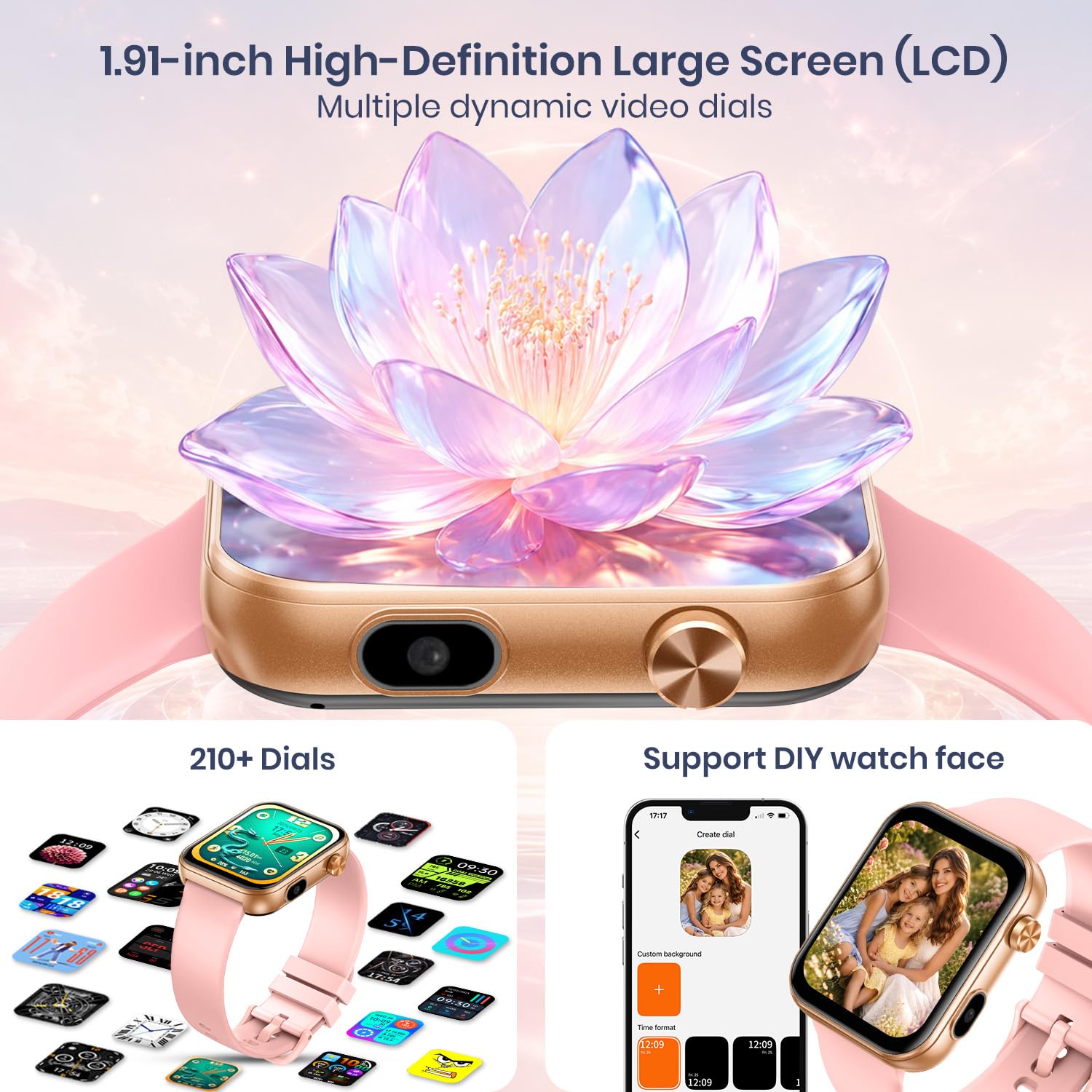 Smartwatch Damen mit Kamera & Video: Smart Watch Frauen 256MB Speicher Armbanduhr 1.91" LCD Touchscreen Schrittzähler Wasserdicht Bluetooth Telefonfunktion Herzfrequenz Schlaf Fitnessuhr 105 Sportmodi
