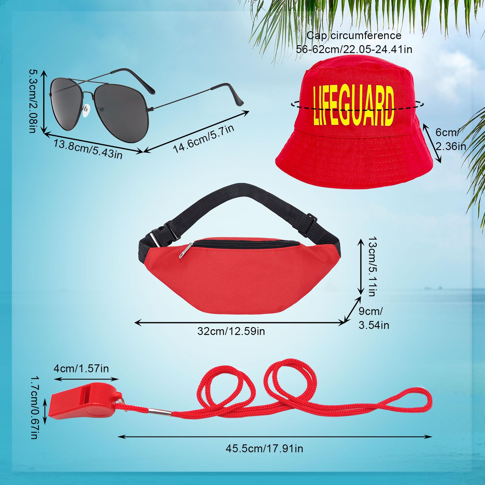 UILYNIU 4 Pieces Lifeguard Costume, Guard Bucket Hat Whistle Sunglasses Waist Bag, Sun Hat Beach Costume - Image 2