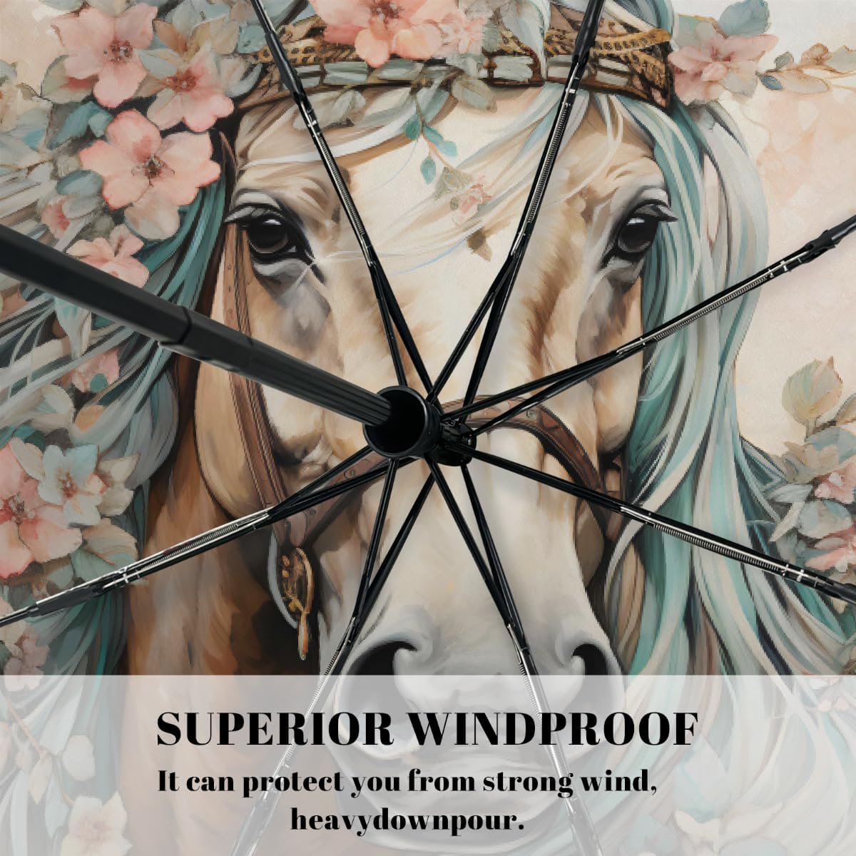 Watercolor Floral Horse Crown Folding Umbrella Windproof Compact Lightweight Travel Umbrella with 8 Reinforced Ribs, Portable UV Sun & Rain Protection for Men & Women