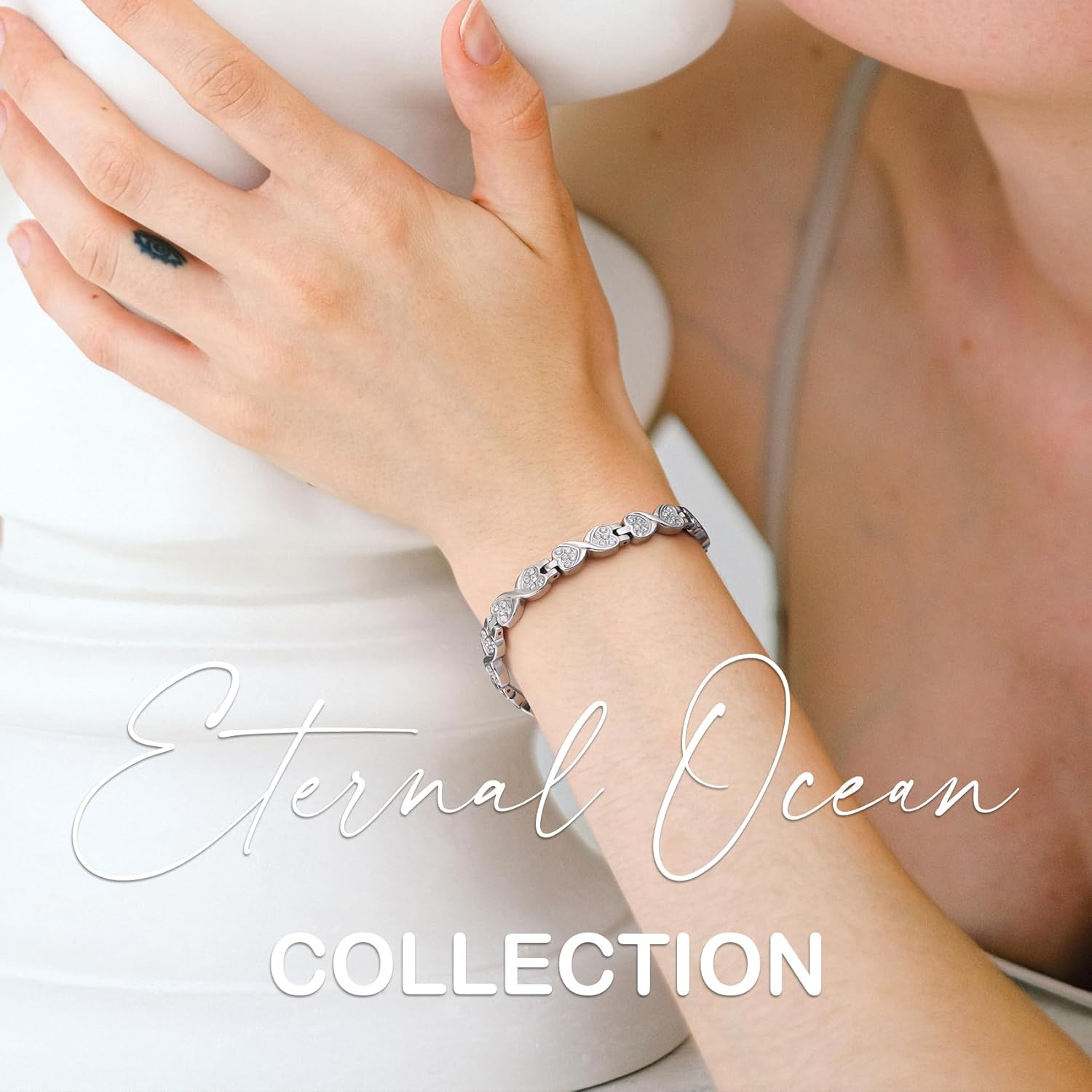 Feraco Magnetic Bracelets for Women with 3800 Gauss Effective Magnets, Stainless Steel Bracelet with Sparkling Zirconia, Infinite Symbol - Image 2