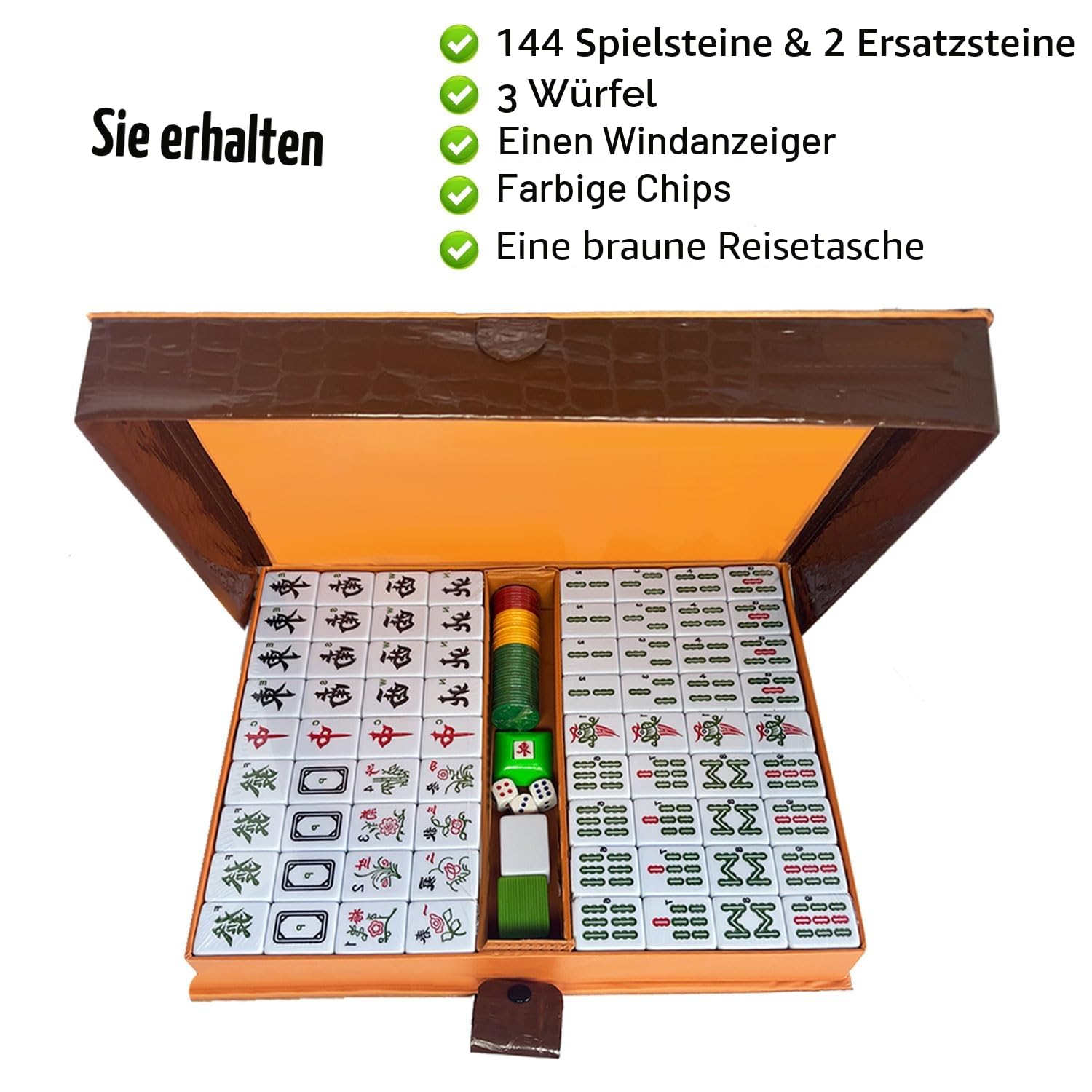 Mahjong-Set Großes Elfenbeinfarbe Ziegeln Mit Arabische Ziffern Fliesen Chinesisches Mahjong-Spielset 146 Tiles Majiang(grün)