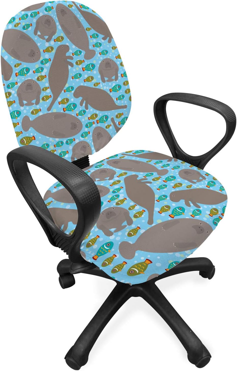 Ambesonne Manatee Office Chair Slipcover, Ocean Floor Themed Cartoon with Nautical Animals Composition, Protective Stretch Decorative Fabric Cover, Multicolor