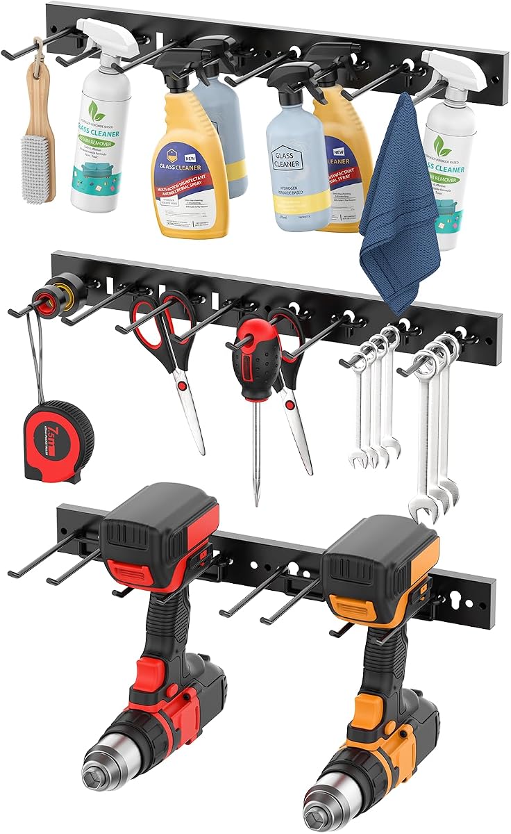 3 Modular Pegboard Strip Storage, Metal Peg Slat Wall Mount for Garage, Basement, Garden, Laundry Room Organization. Flexible Tool Organizer for Rake, Shovels, Crafting. Gifts for Men, Black.