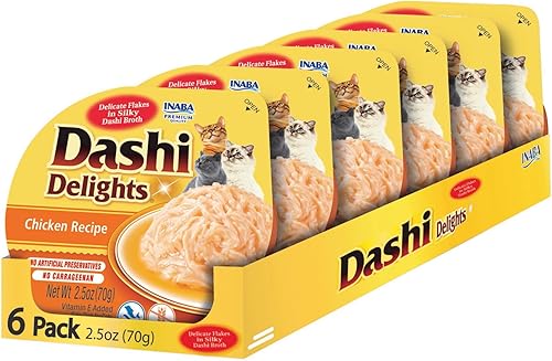 INABA Dashi Delights para gatos, pollo rallado con caldo de hojuelas Bonito, taza de 2.5 onzas, 6 tazas en total, receta de pollo