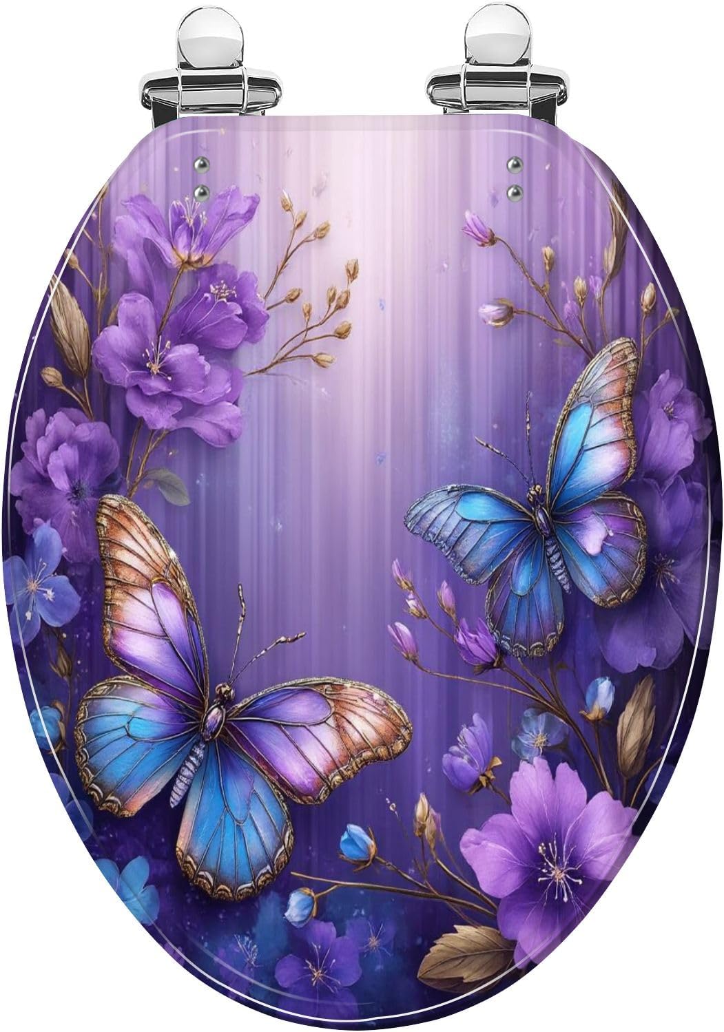 Elongated Toilet Seat Purple Floral Butterfly Modern Elegant Butterflies Purple Flowers Gold Quiet Close Strong Stainless Steel Hinges Resin Toilet Seat Easy to Install Easy to Clean