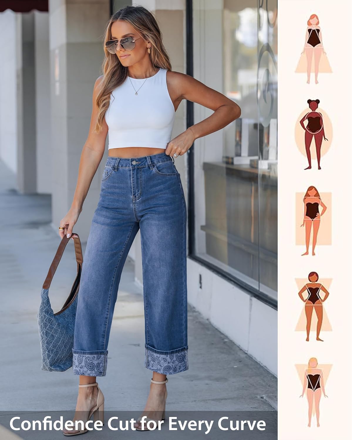 GRAPENT Wide Leg Jeans for Women Trendy Cropped High Waisted Printed Fold Hem Loose Straight Leg Stretchy Denim Pants - Image 5