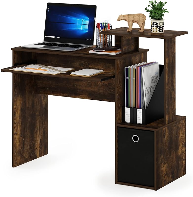 Econ Computer Writing Desk, Amber Pine/Black | Side Shelves and Storage Bin, Computer Desk, Office Desk, for Home Office, Study Room, Dorm