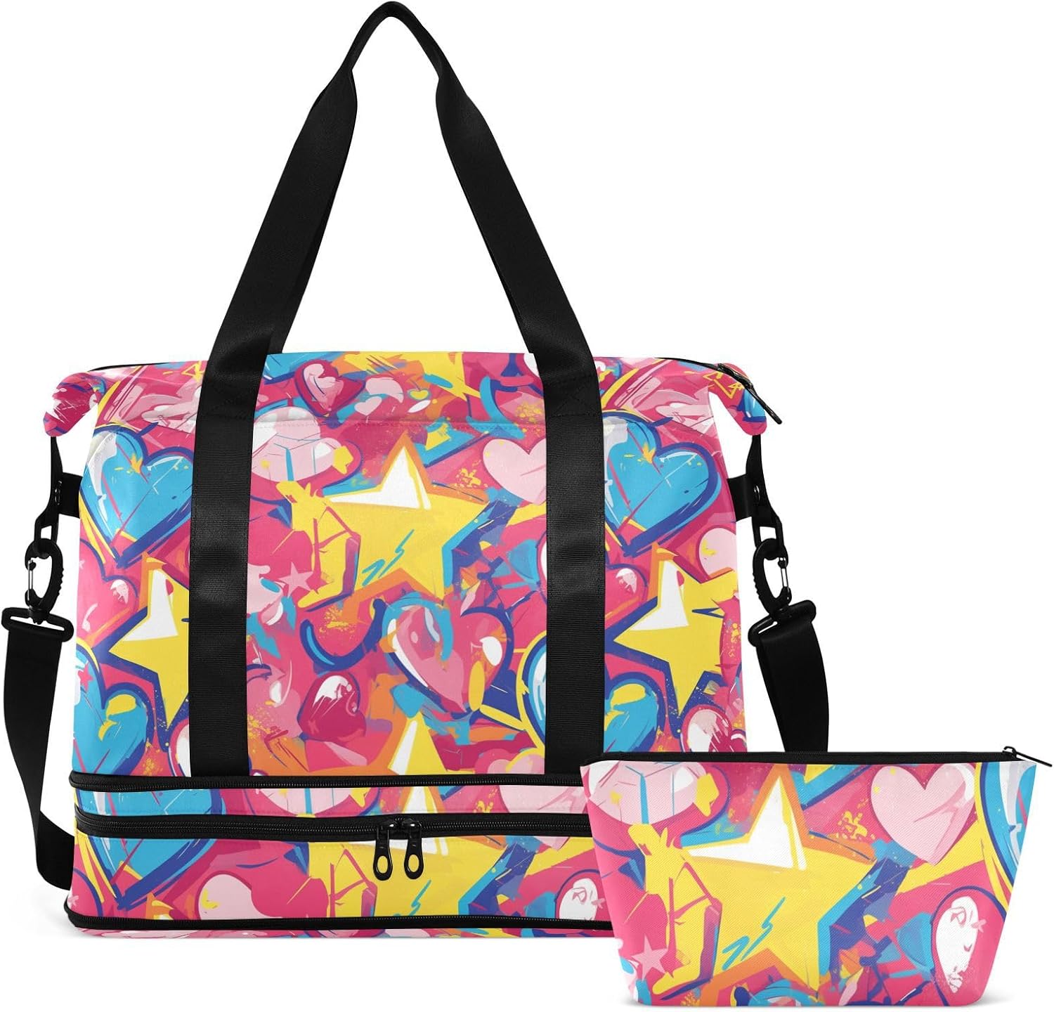 Graffiti art hearts stars sweet Duffel Bags Weekender/Overnight Duffel Gym Sports Duffel Bag with Toiletry Bag for Hiking Large Capacity