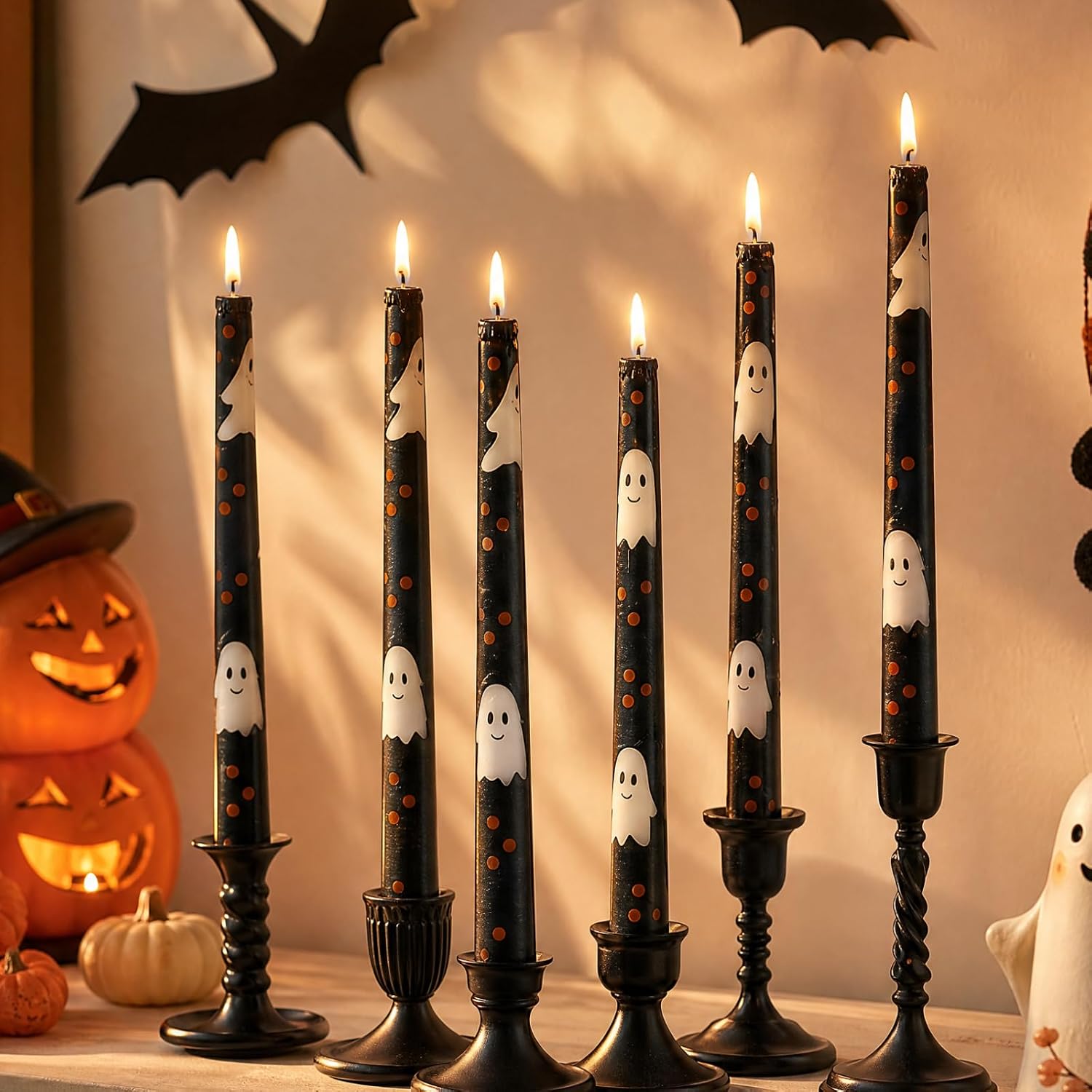 Threlaco 6 Pcs Black Halloween Ghost Taper Candles 9.8" Unscented Candles