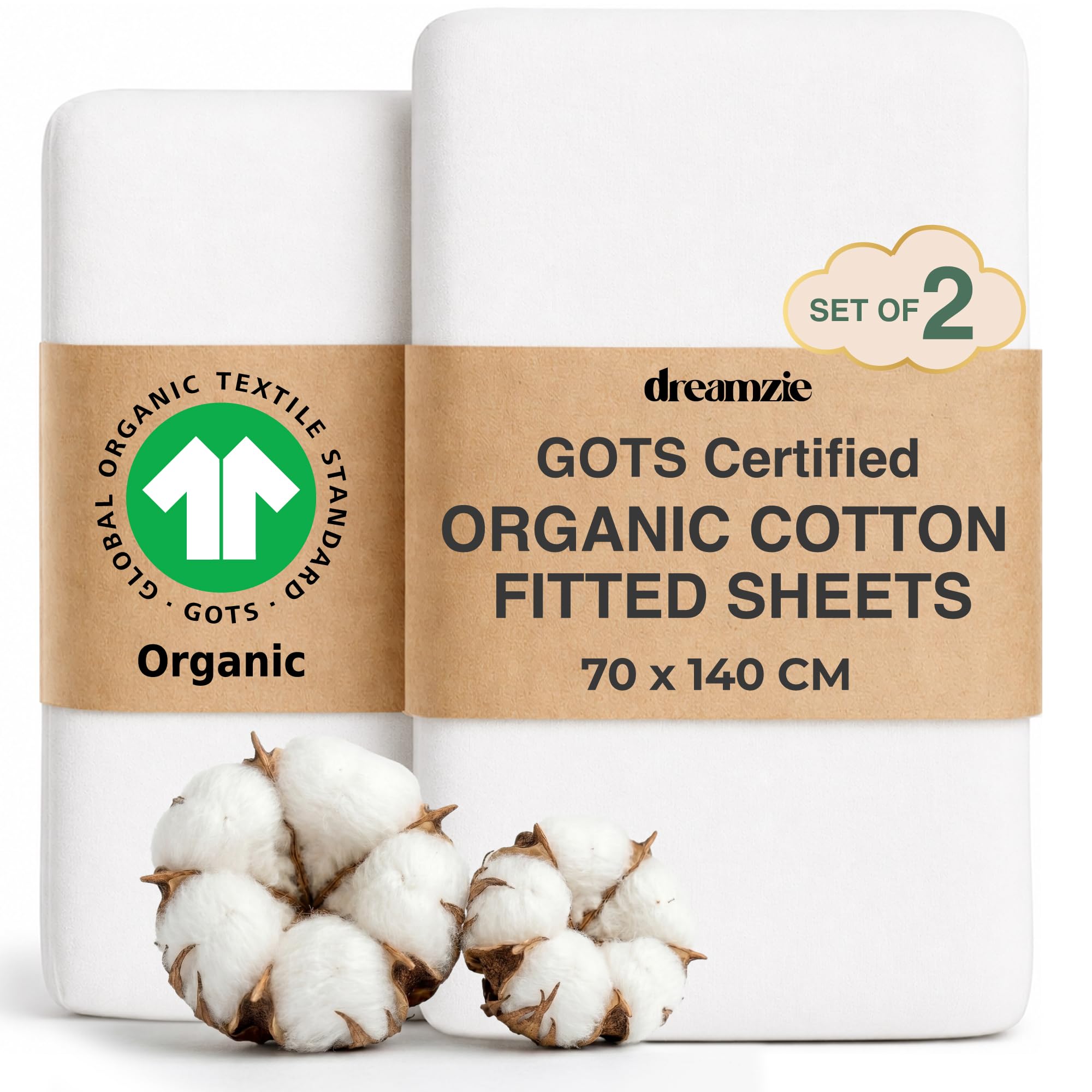 Dreamzie - Cot Bed Sheets - 100% Organic Cotton - 140 x 70 cm - Set of 2