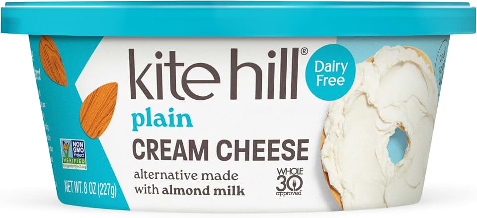 Kite Hill Plain Almond Milk Cream Cheese Style Spread, 8 Ounces, Dairy Free, Whole 30 Approved, Gluten Free, Non-GMO, Vegan