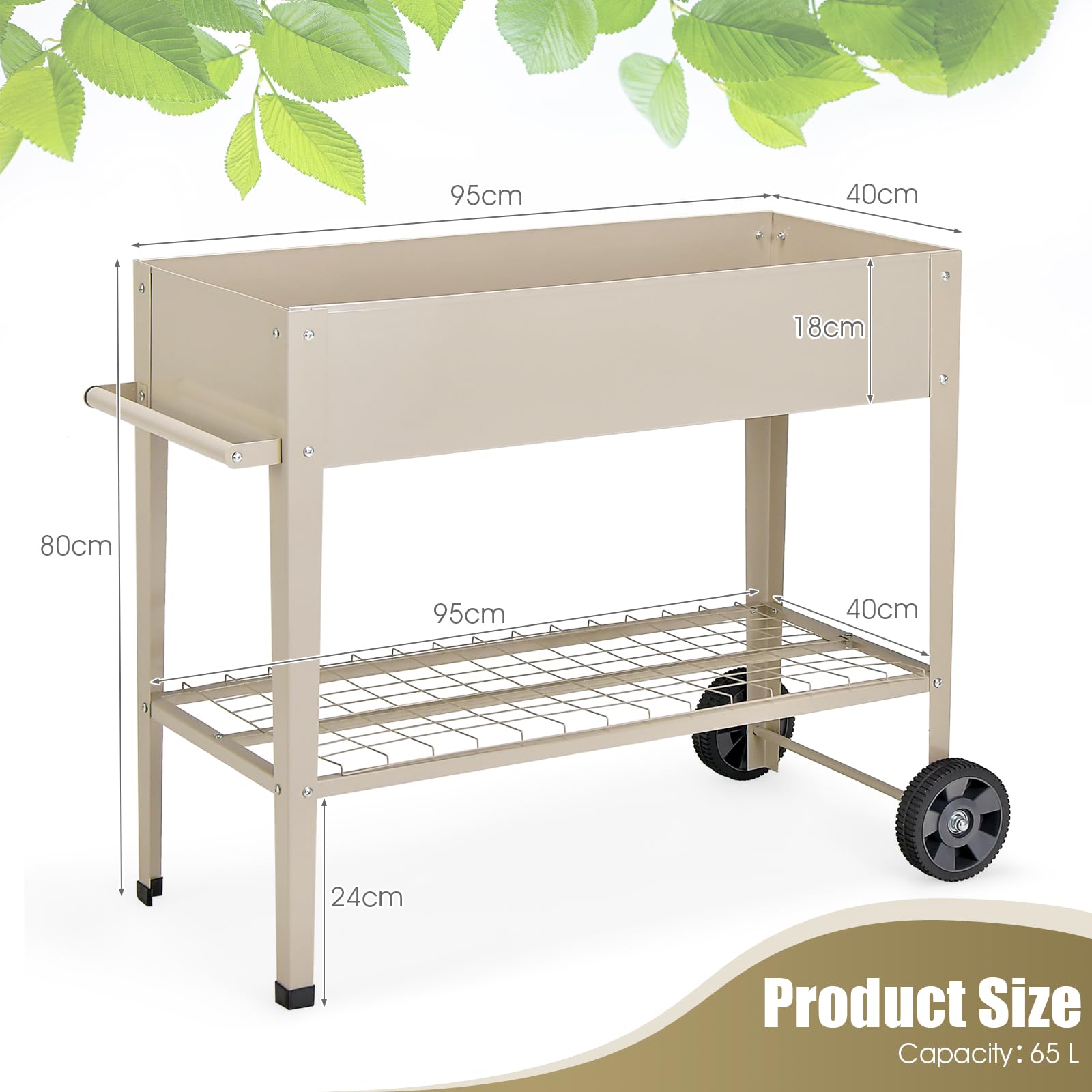 GOPLUS Jardinière Surélevé sur roulettes avec Étagère et 2 Crochets pour Outils de Jardinage, Lit de Jardin en Métal pour Légume, Herbe, Carré Potager Extérieur pour Jardin, Balcon (Blanc)
