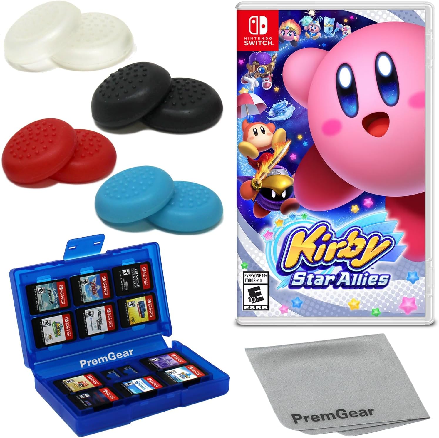Kirby Star Allies for Nintendo Switch (US Version), with PremGear Thumb Grips (8 pack - Black, Blue, Red & Clear), 24 Slot Game Card Holder & Cleaning Cloth