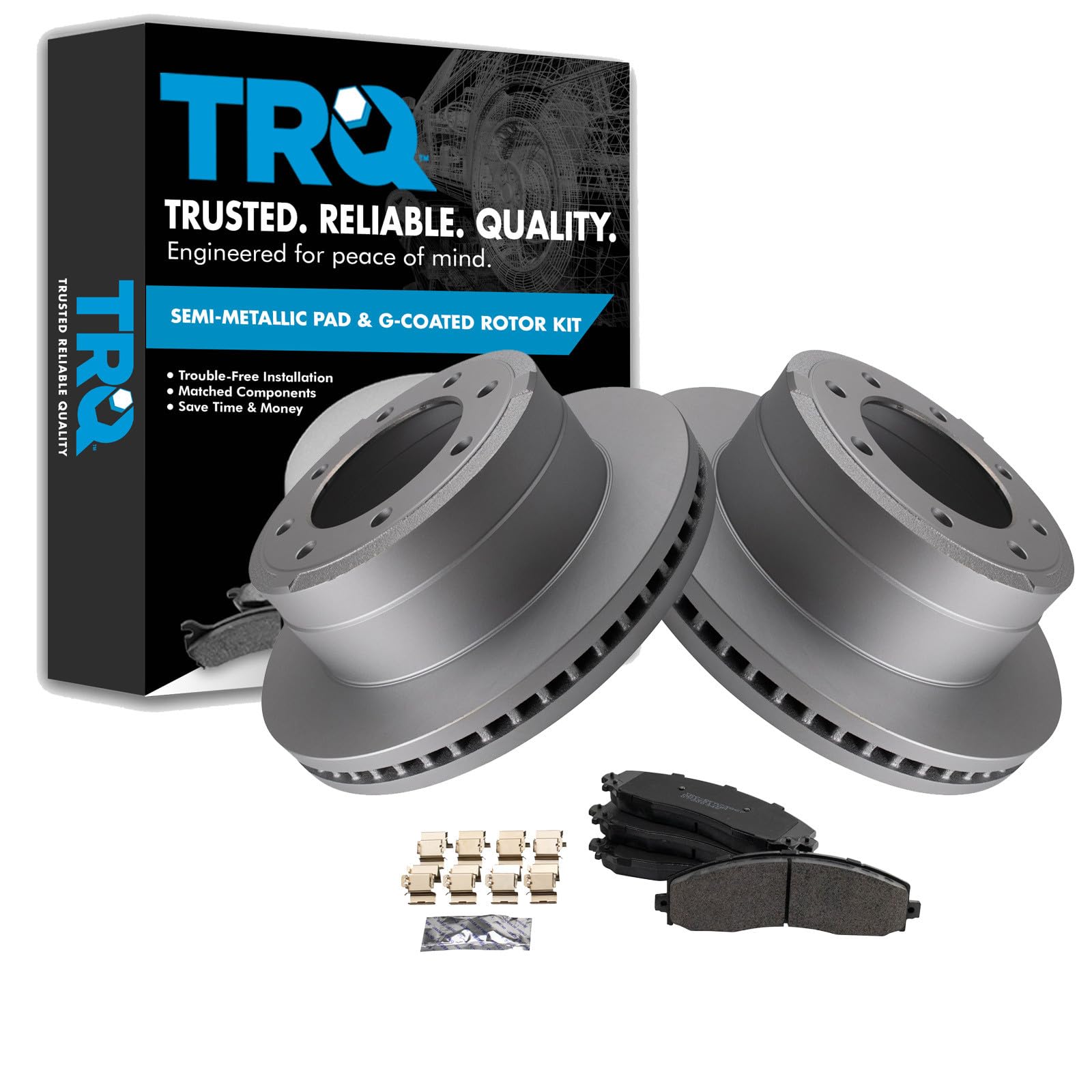 TRQ Rear Brake Pad &amp; Rotor Kit Semi-Metallic Premium G-Coated Compatible with 2013-2019 Ford F-250 Super Duty F-350 Super Duty