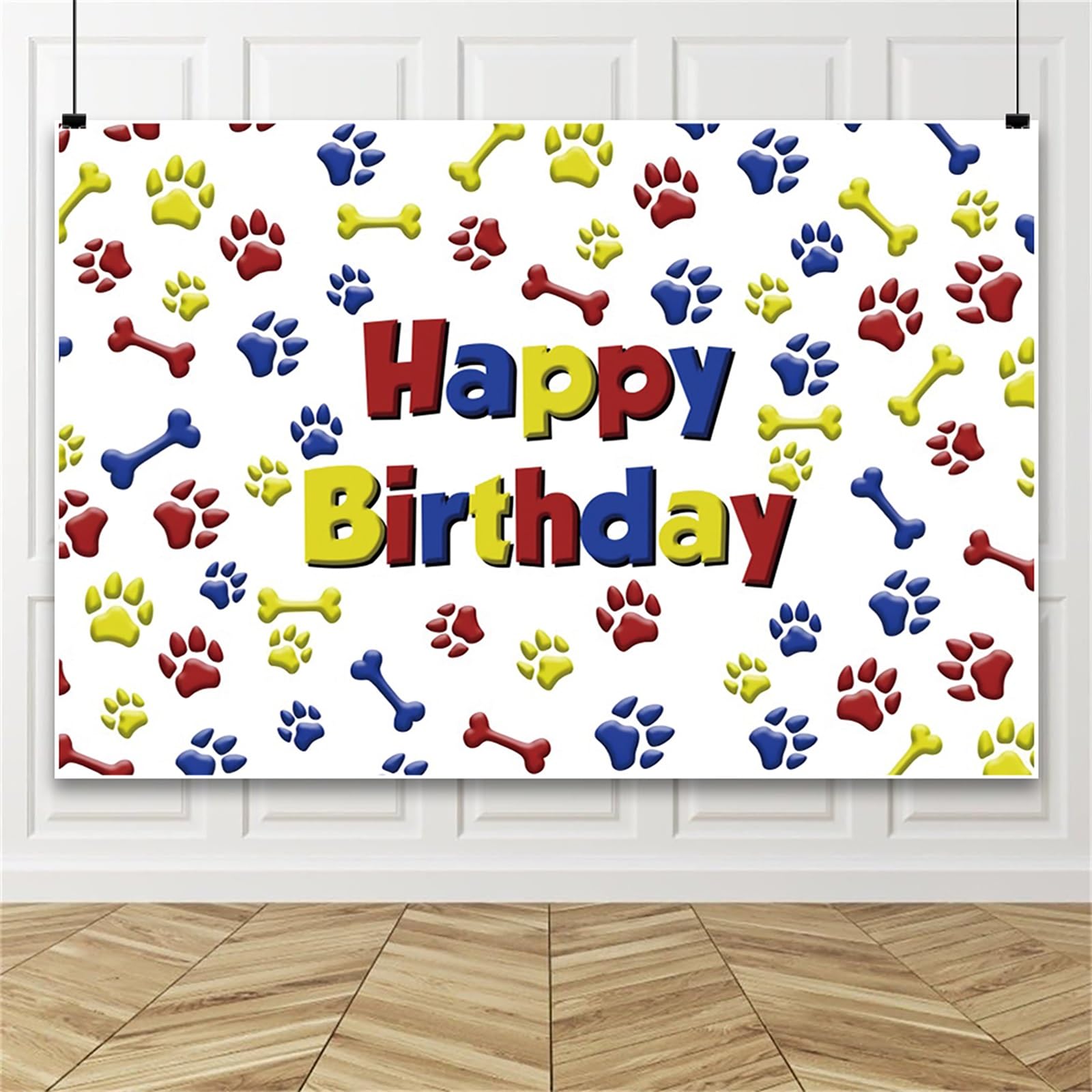 Renaiss 7x5ft Pets Birthday Backdrop Puppy Footprints Birthday Photography Background Red Yellow Blue Bones Dog Paw Pet Themed Party Decors Dog