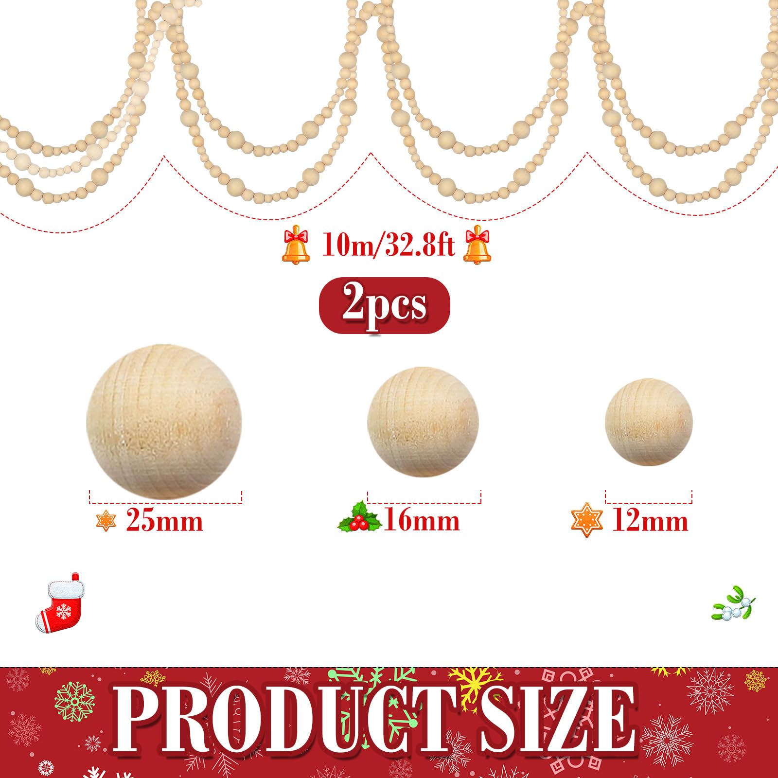 Giegxin Guirlande de perles en bois de 10 m - 12/16/25 mm - Perles en bois de style rustique - Décoration murale - Perles de prière naturelles pour Noël, les vacances, la maison, la table, l'arbre