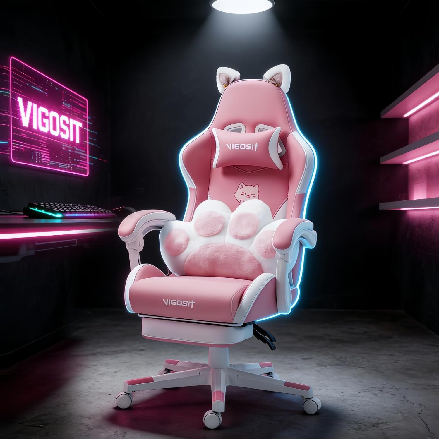 Pink Cat Ear Gaming Chair with Footrest - Cute Gaming Chair for Girls, 310lbs Capacity, Adjustable Height & Lumbar Support, Ergonomic Computer Chair for Teens