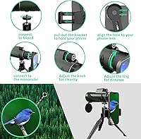 Vista 7 de Telescopio monocular monocular HD de 12 × 50, con adaptador para teléfono inteligente y trípode de metal, monocular compacto impermeable de alta