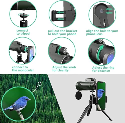 Miniatura 7 de Telescopio monocular monocular HD de 12 × 50, con adaptador para teléfono inteligente y trípode de metal, monocular compacto impermeable de alta