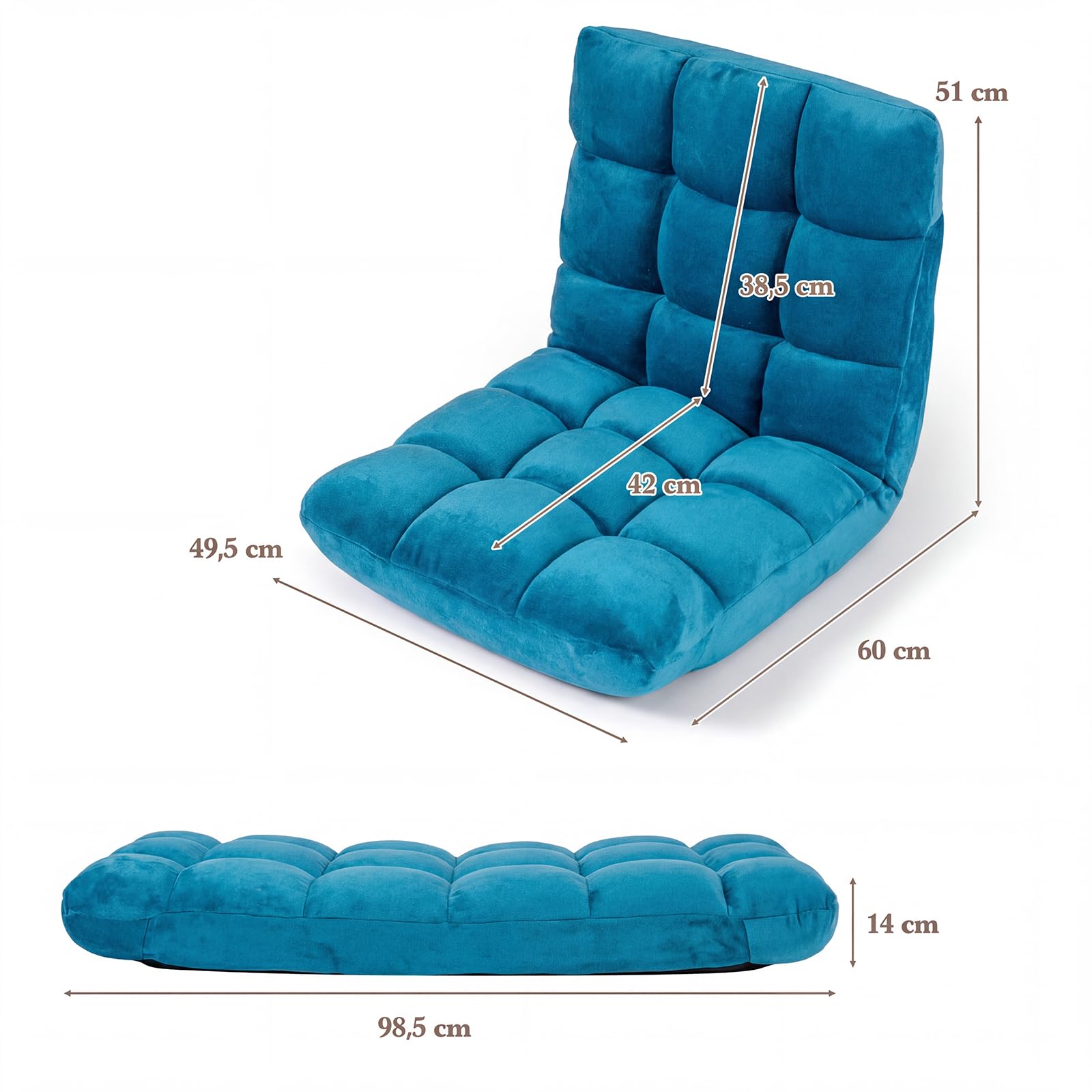 RELAX4LIFE Sedia da Terra Imbottita, Poltrona Pieghevole, Schienale Regolabile a 14 Livelli, Cuscino da Pavimento con Fodera in Peluche e Struttura in Acciaio, per Yoga, Meditazione (Azzurro)