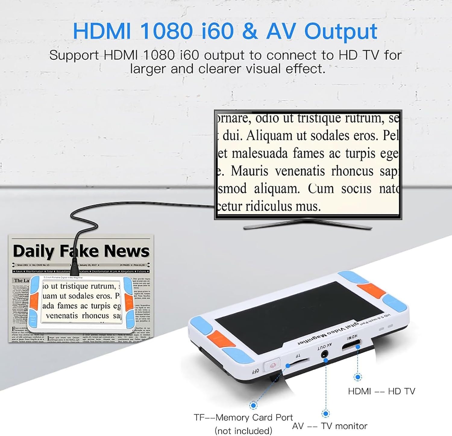 Electronic Video Magnifier, Handheld 5-inch LCD Digital Reading Aid, 3-48X Magnification, HDMI/AV Output, for Elderly & Visually Impaired