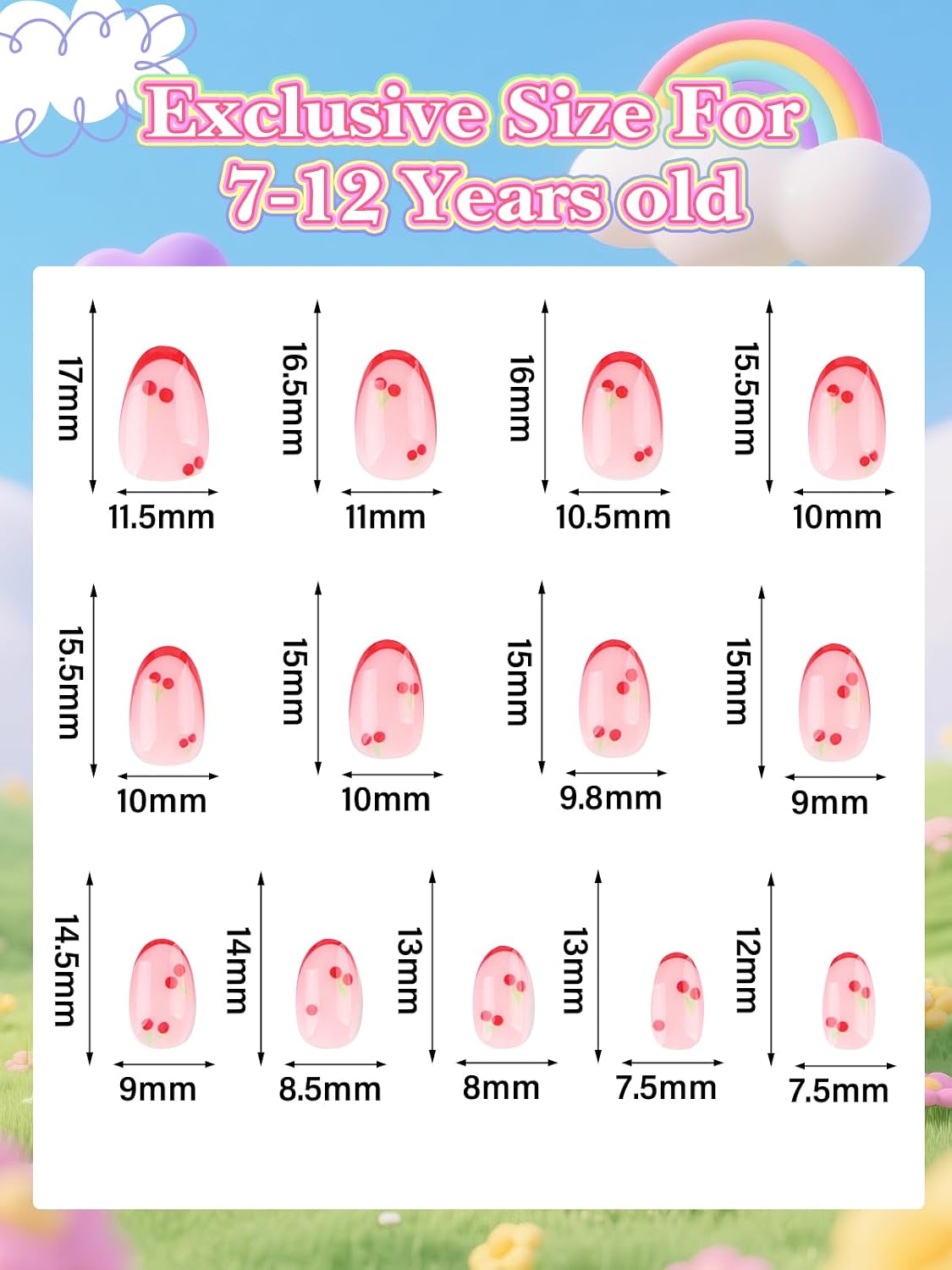 EBANKU 1 Pack Kid Fake Nail Kit, 24 Pieces Press on Nails for Kids Pears Press on Nail Short Artificial False Nail Kits for Kids Girls