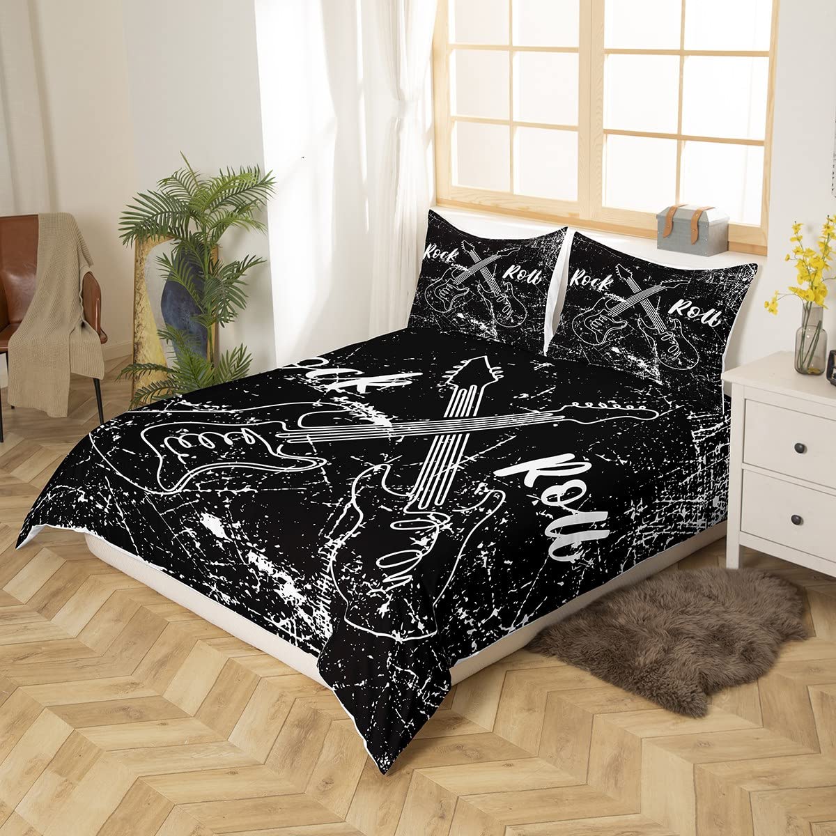 feelingyou Rock Roll Music Duvet Cover King for Children,Guitar Instrument Bedding Set Room Decor Gift Comforter Cover,Retro Abstract Graffiti Quilt Cover with 2 Pillowcases - Image 3