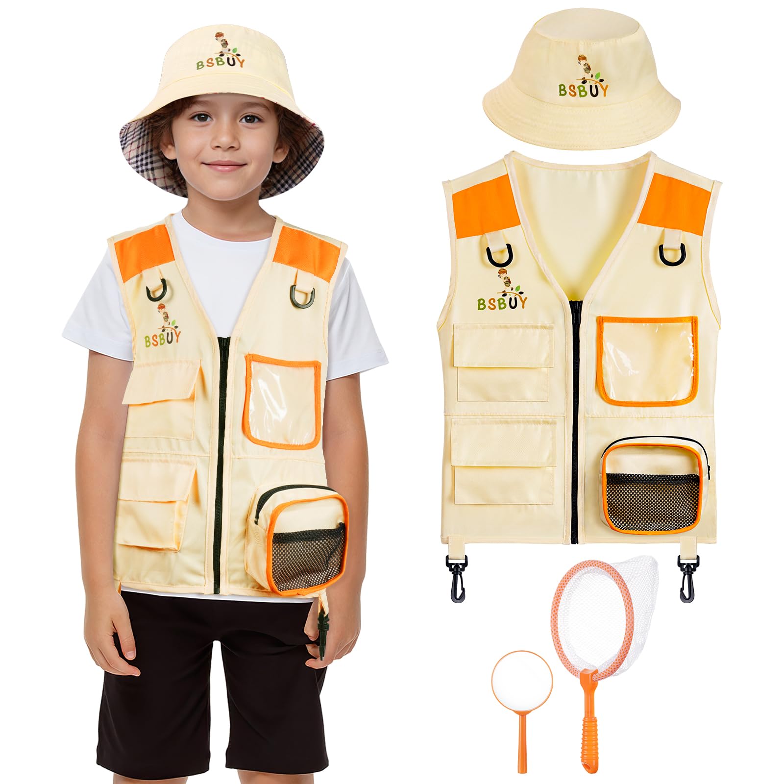 BSBUY Kid Explorer Kit Outdoor Adventure Set, 4PCS Kid Explorer Costume Kit Bug Hunting Costume Hat Vest