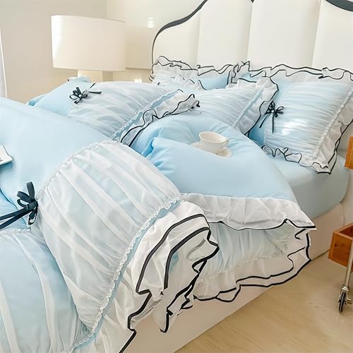 Miniatura 7 de IHOUSTRIY Juego de funda de edredón rosa tamaño matrimonial, juego de ropa de cama con volantes y corbatín, juego de funda de edredón de 3 piezas