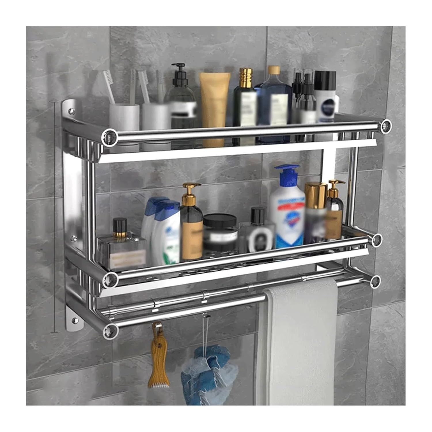 Shower Caddy Organizer Bathroom Storage Rack Double Layer Wall Mounted Stainless Steel Storage Rack with Towel Rack and