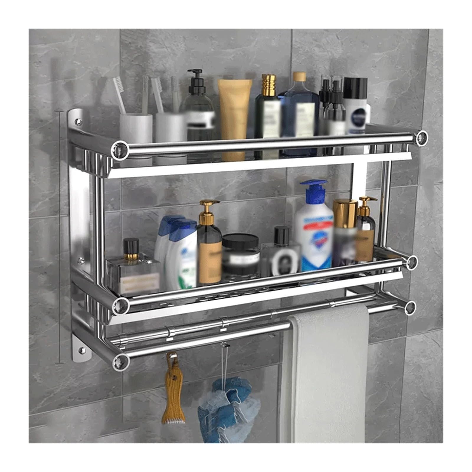 Shower Caddy Bathroom Storage Rack Double Layer Wall Mounted Stainless Steel Storage Rack with Towel Rack and Hook