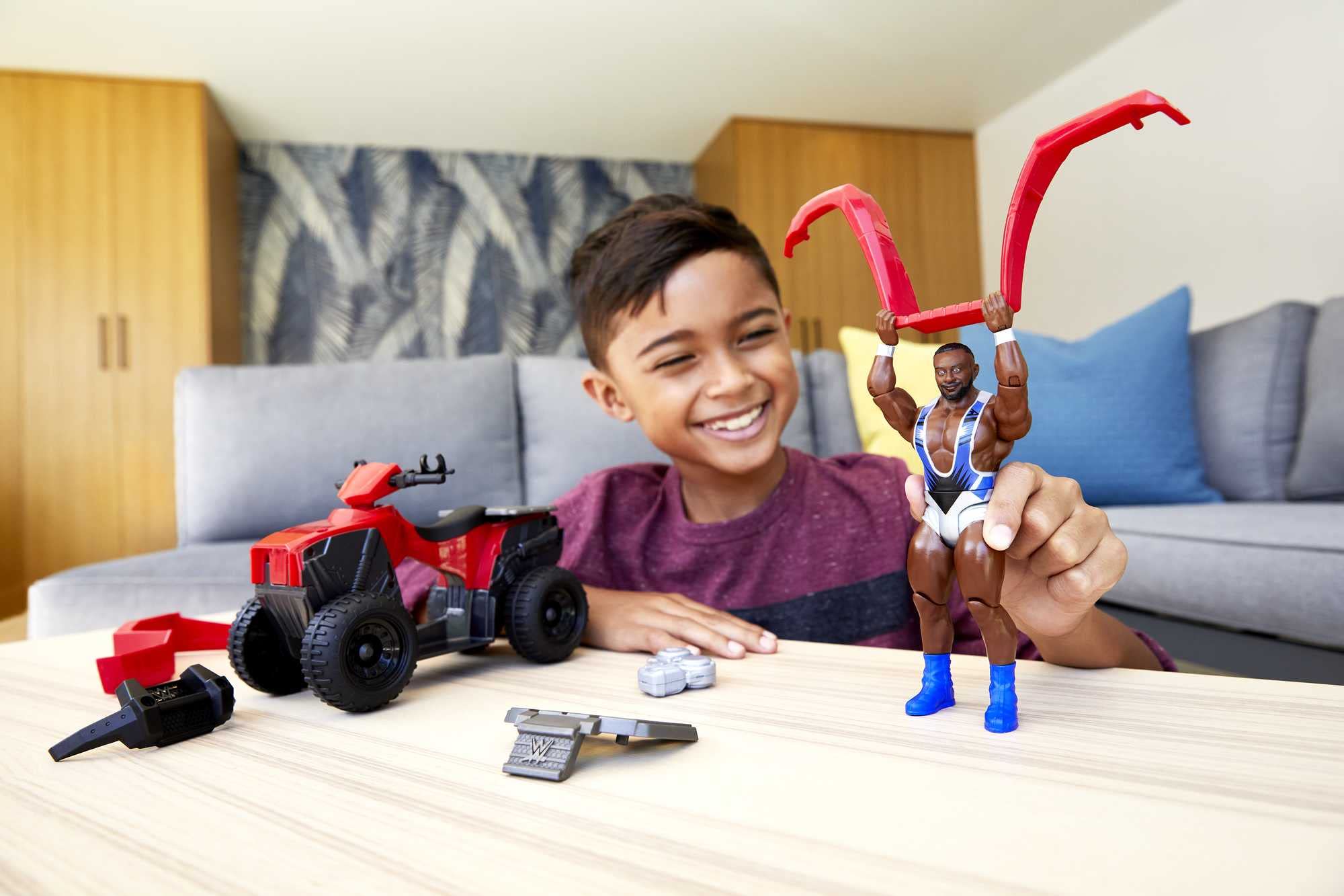 WWE- Wrekkin' Veicolo Slam N Spin ATV con Personaggio Big E Snodato con Accessori, Giocattolo per Bambini 6+ Anni, HDM06