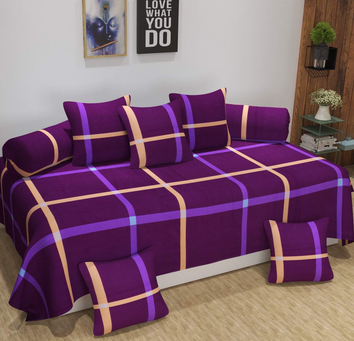 Festival Home Furnishings Cotton Fabric 5D Diwan Covers Set of 2 Bolster Covers, 1 Bedsheet, 5 Cushion Covers (Standard Size, Purple Stripes)-image-42