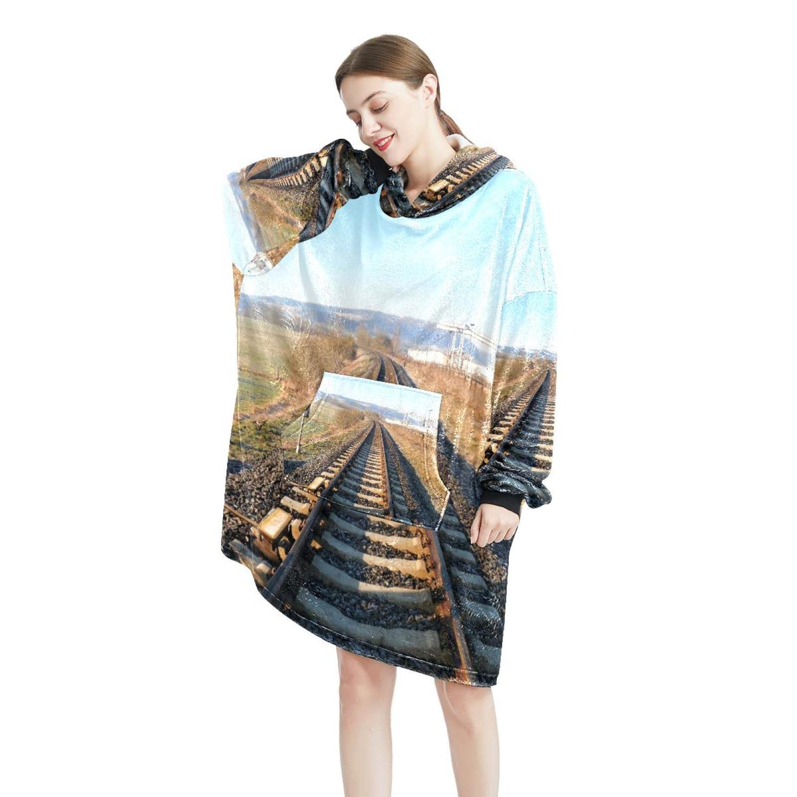 Bluza z kapturem z motywem toru pociągowego, oversize z kapturem dla kobiet, wygodna bluza, wielobarwny, rozmiar uniwersalny