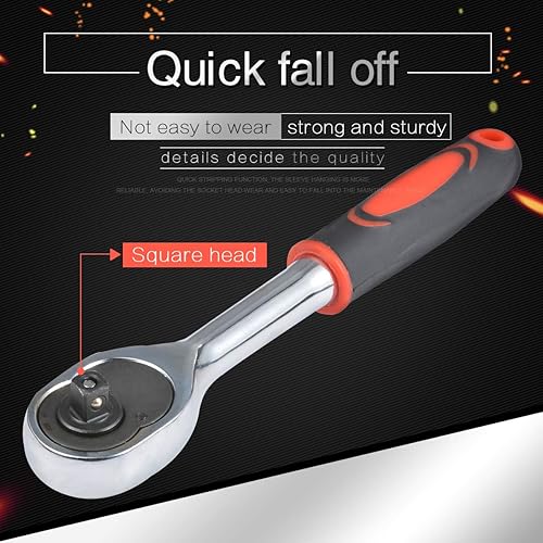 Miniatura 4 de KATUR Llave de trinquete para enchufe, 24 dientes de acero al cromo vanadio, mango de trinquete de liberación rápida y barra de extensión (llave de