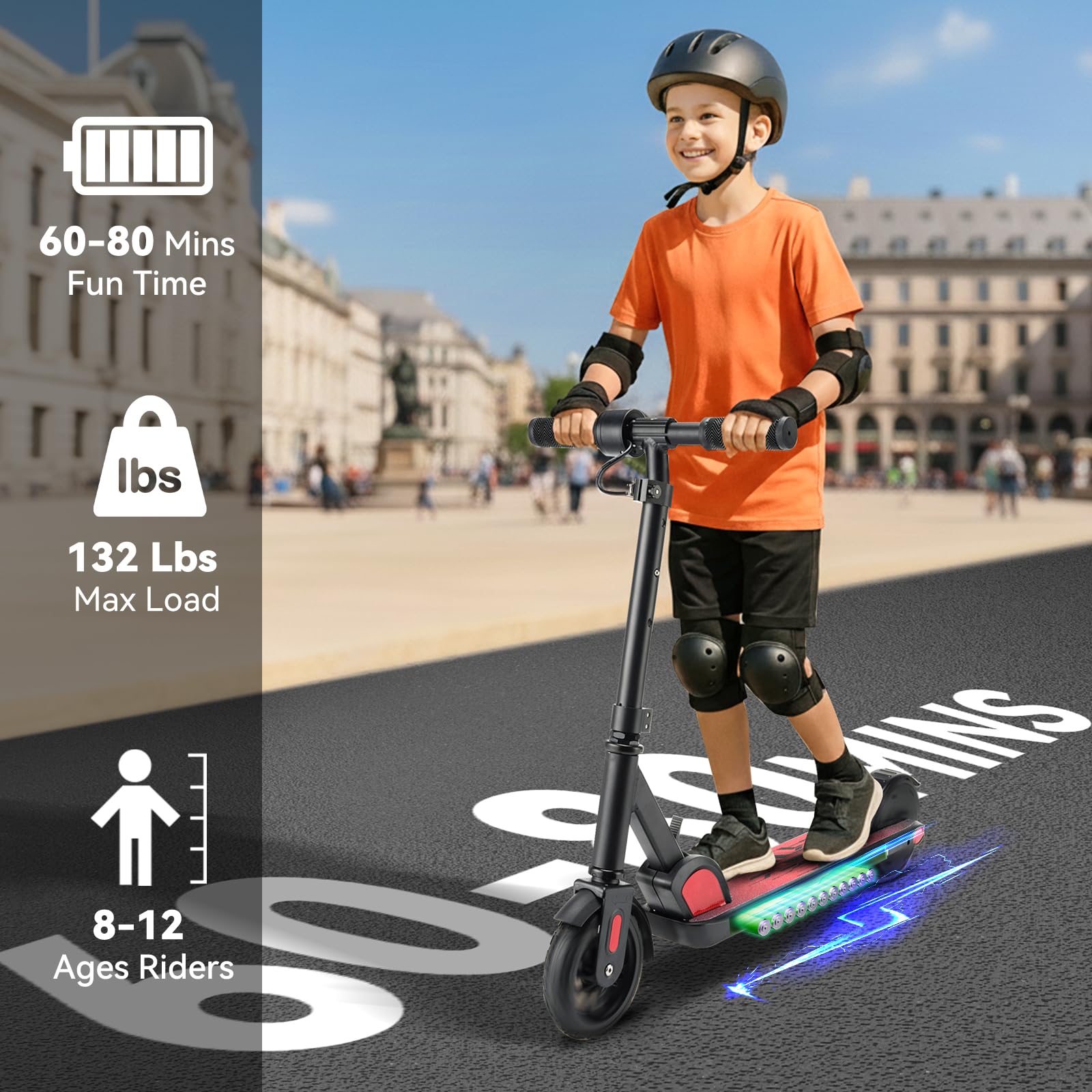 Caroma Patinete eléctrico para niños de 6 a 12 años, Motor de 150 W | 16 km/h, 12 km de alcance E Scooter, Scooter E plegable con luces coloridas y pantalla LED, velocidad y altura ajustables
