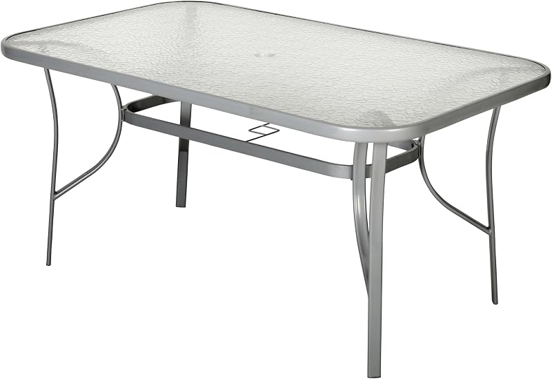 Flash Furniture Commercial Grade 35x59 in Steel Rectangular Table, Silver | Umbrella Hole, Tempered Glass