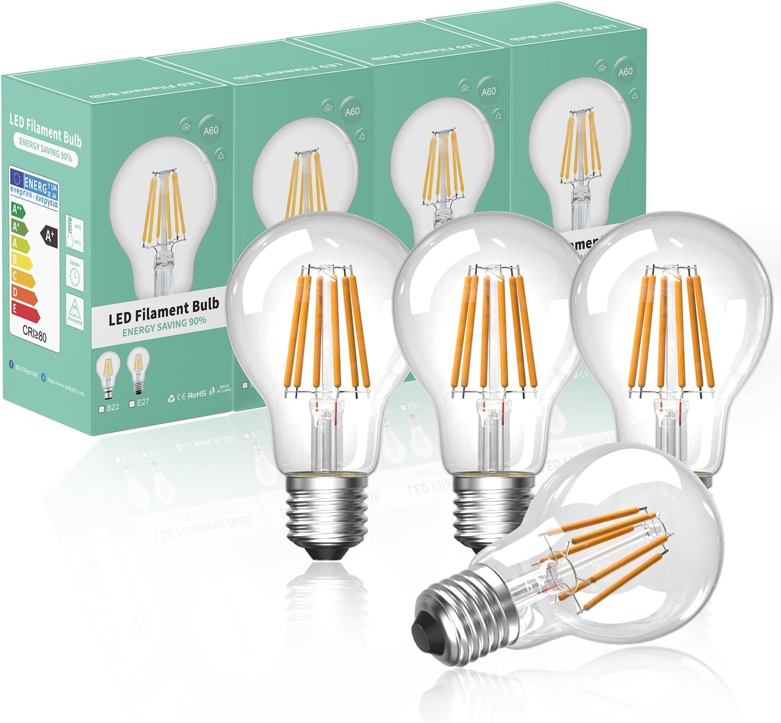 8W E27 Screw Antique Dimmable LED Filament Bulb Warm White 2700K ES A60 GLS Globe LED Vintage Edison Screw Light Bulb Classic 75 Incandescent Equivalent 750lm Energy Saving Bulbs(4-Pack)