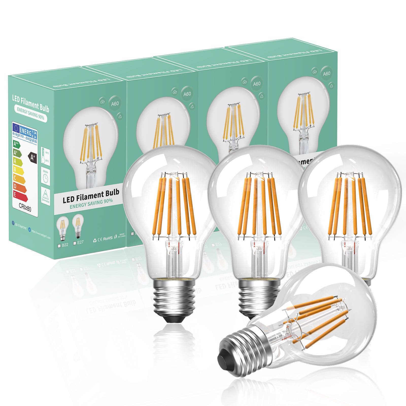 Bonlux 8W E27 Screw Antique Dimmable LED Filament Bulb Warm White 2700K ES A60 GLS Globe LED Vintage Edison Screw Light Bulb Classic 80W Equivalent 750lm Energy Saving Bulbs (4-Pack)