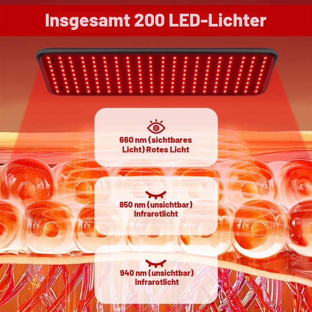 Rotlichtlampe für Körper & Gesicht,Infrarotlampe mit 200 LED & 5 Helligkeitsstufen, Tri-Wellenlänge (660nm 850nm 940nm) mit verstellbarem Ständer & Schutzbrille,Muskel- und Gelenkverspannungen lösen
